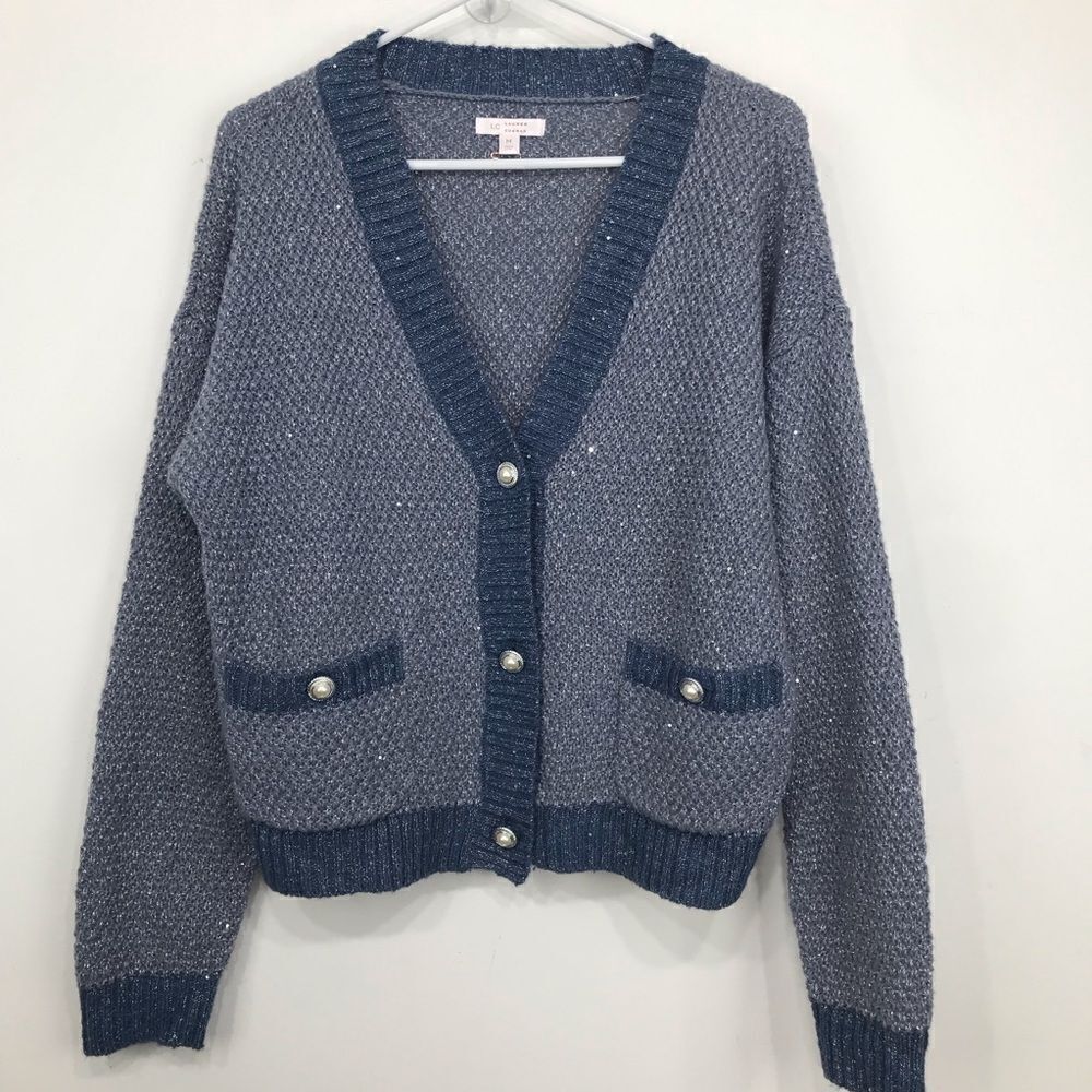 Lauren Conrad Dusty Blue Silver Sparkle V Neck Pearl Button Up Holiday Cardigan